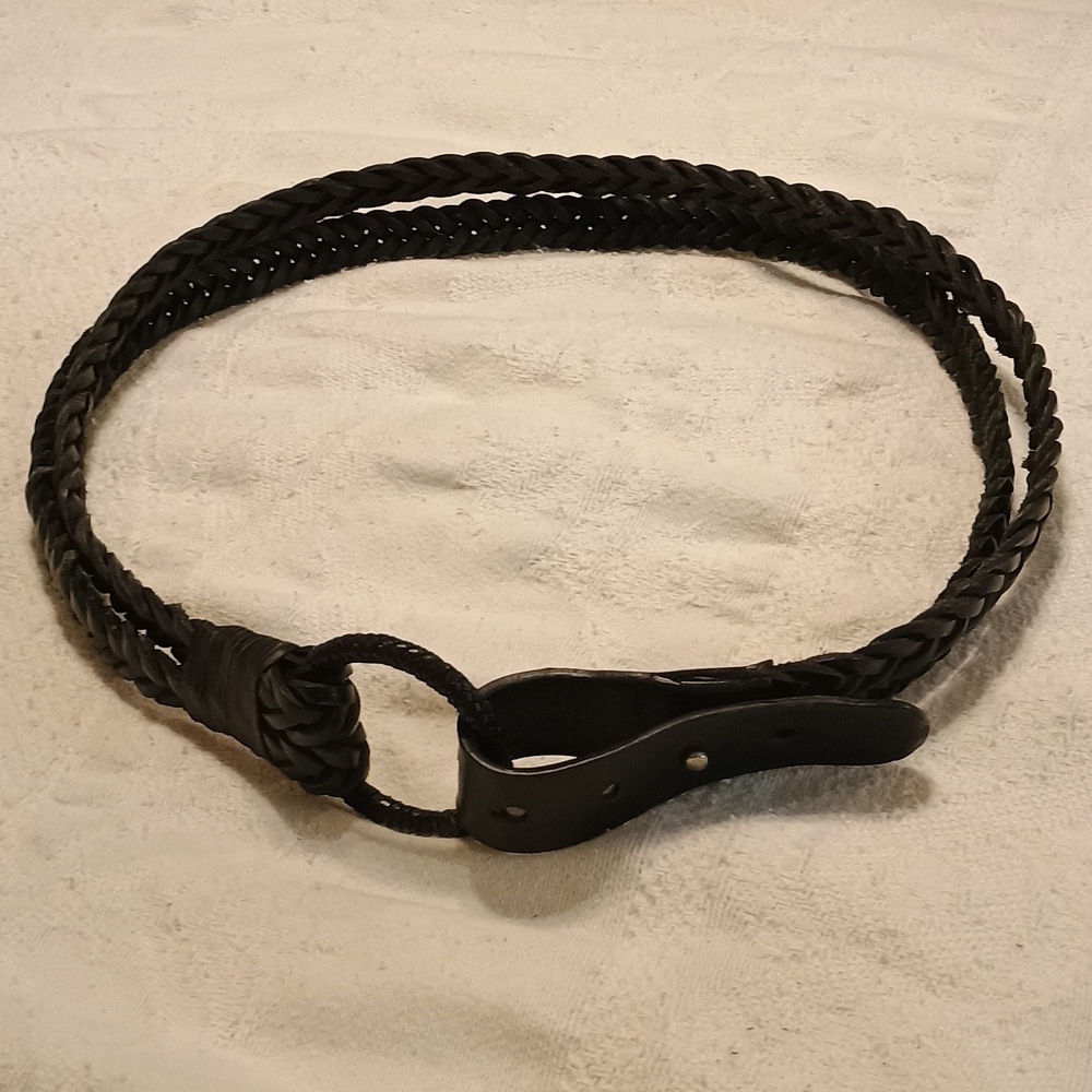 Black Leather Weave  Double Tier Belt Circle Unique Leather Buckle Vintage